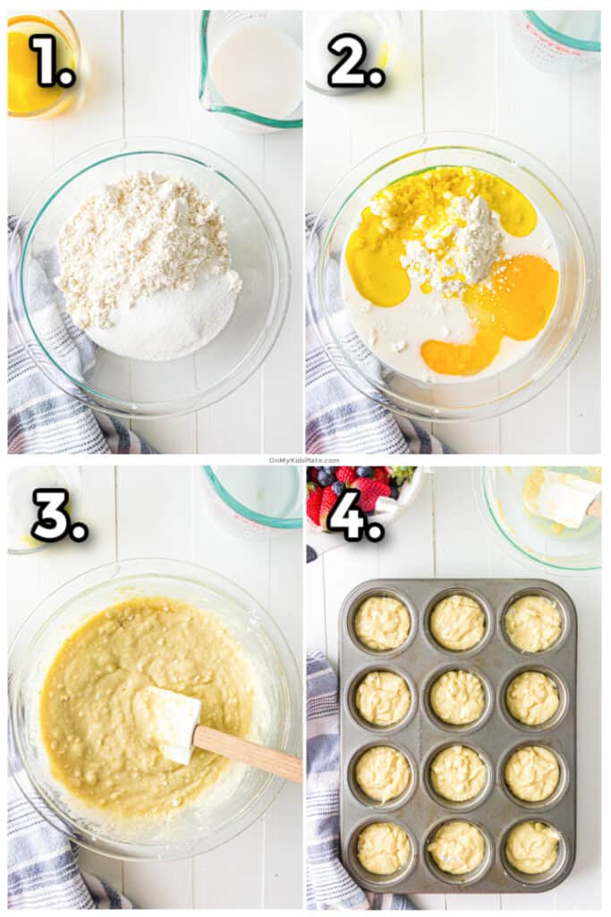 Step by step images mixing the dry pancake mix and wet ingredients into a batter then portioning into muffin tins.