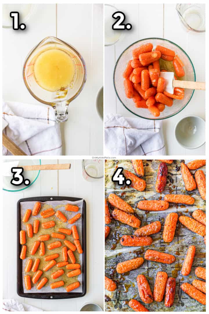 Step by step images mixing the honey butter glaze, adding the glaze to the carrots, spreading the carrots on the baking sheet and roasting.