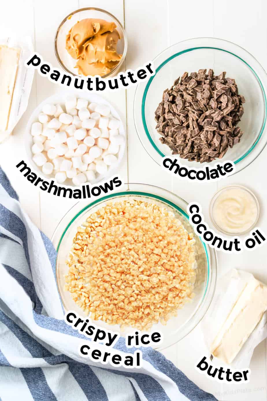 Ingredients needed for peanut butter chocolate rice krispie treats.
