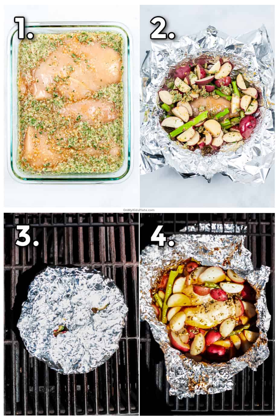 Process photos showing marinating the chicken, layering the chicken packets with potatoes, asparagus and sauce, folding up grilling, and the finished packet.