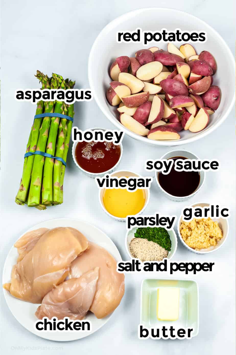 Ingredients needed for honey garlic and potato chicken packets