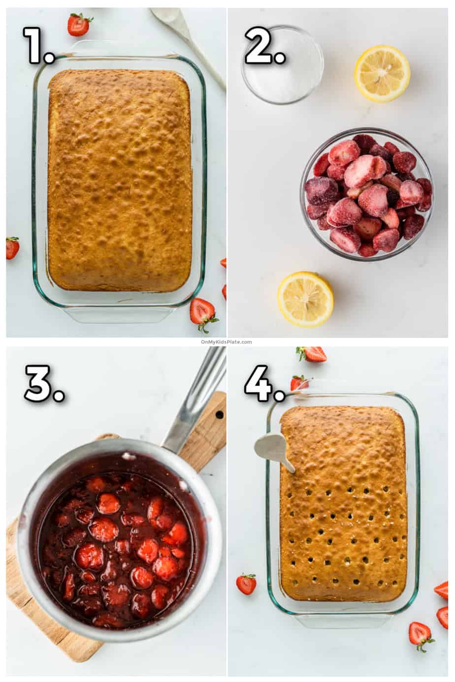 Showing steps of how to make a strawberry poke cake. First baking cake, then making strawberry sauce and poking holes in cake