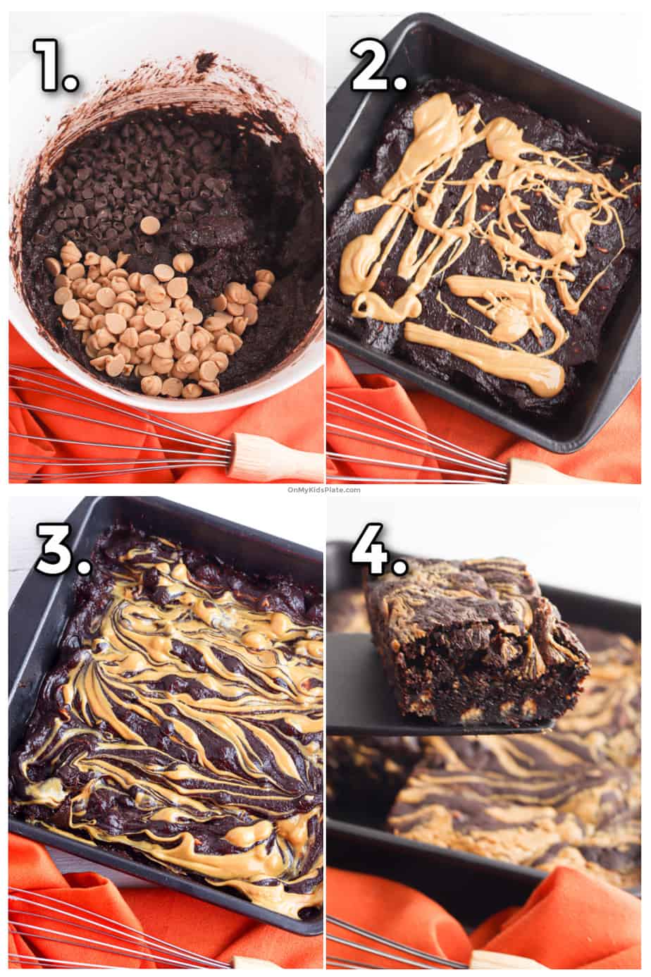 Collage image showing making the peanut butter brownie batter and swirling the peanut butter on top