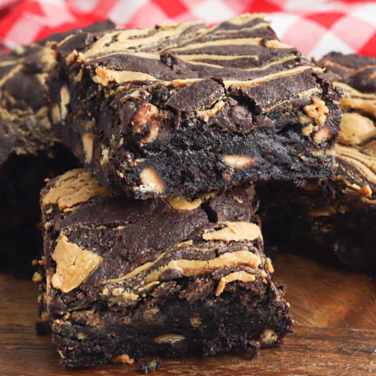 Close up of a chocolate brownie swirled with peanut butter