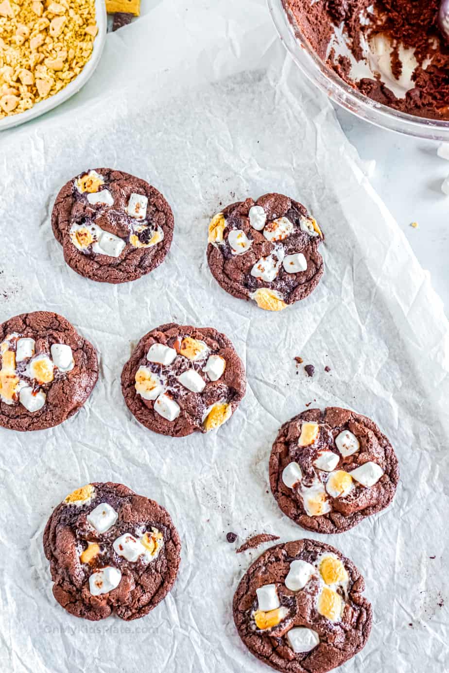 Chocolate cookies with gooey mini marshmallows on top.