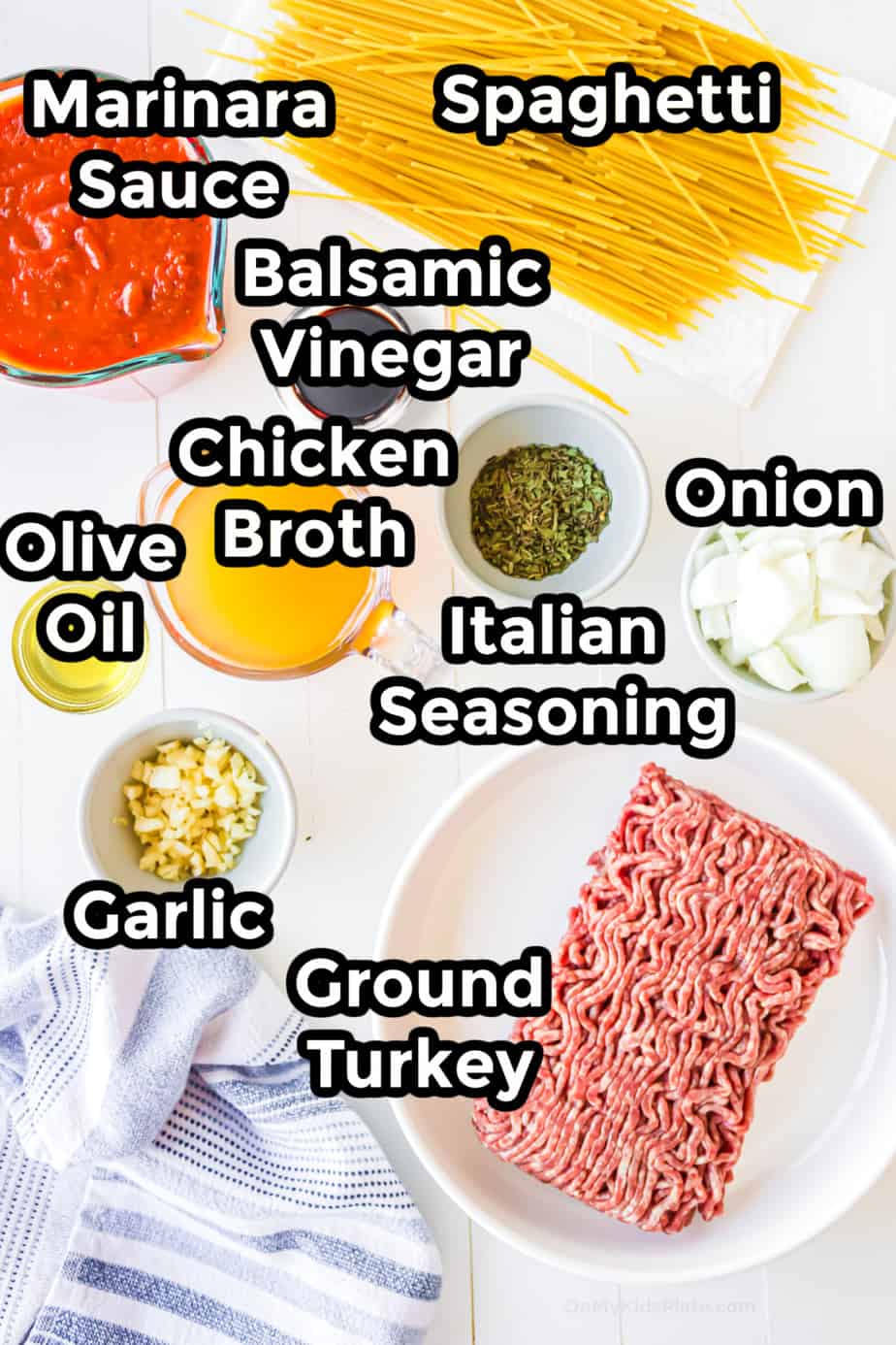 Ingredients in bowls for ground turkey one pot spaghetti.