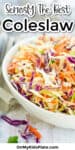 Coleslaw in a bowl from the side with text title overlay
