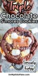 Close up of a chocolate smores cookie with text title overlay
