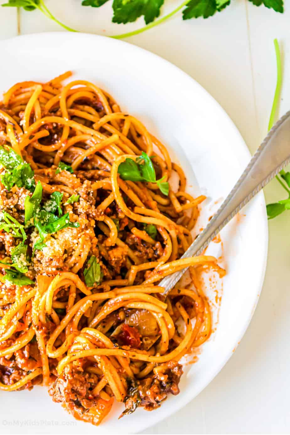 Close up of a plate of spaghetti in red sauce with ground turkey.