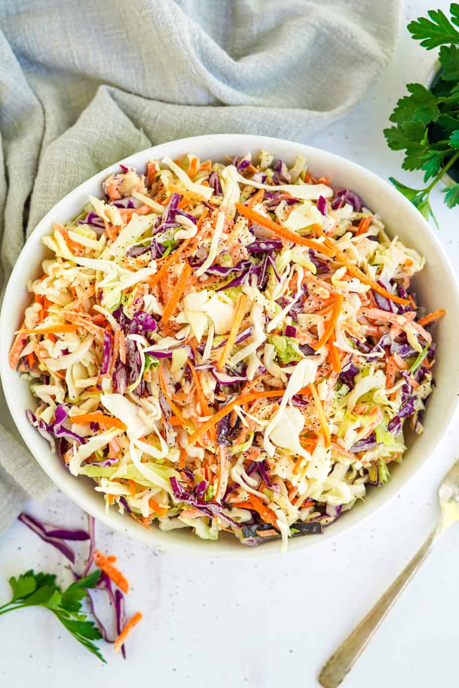 Coleslaw in a serving bowl from overhead