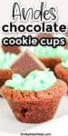 Close up of a chocolate cookie cups filled with green frosting topped with an Andes Mint with text title overlay