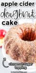 Close up view of a bundt cake covered in cinnamon sugar with apple cider doughnut cake title text written at the top