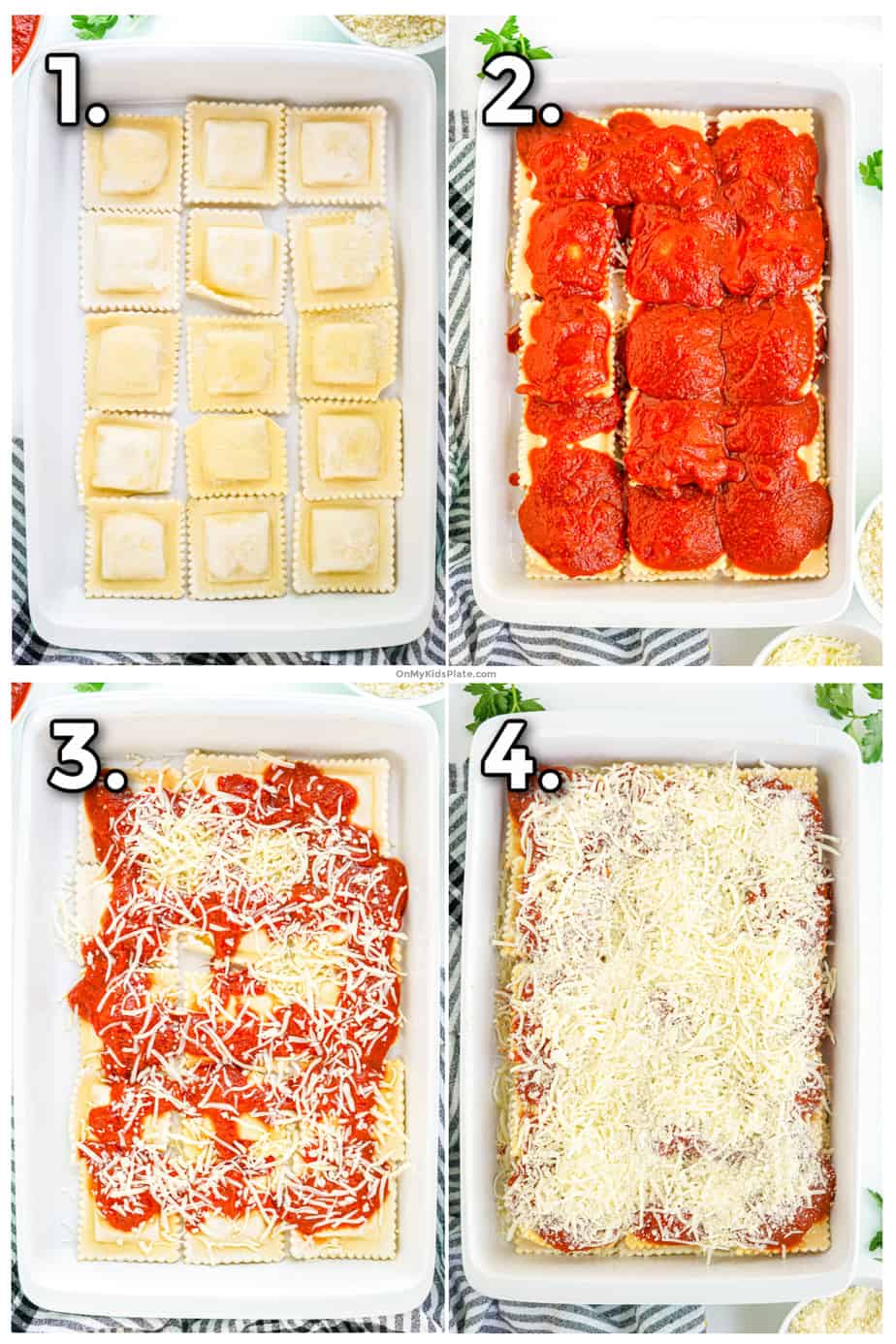 Collage of images layering ravioli, marinara sauce and cheese in a casserole dish