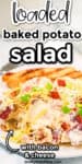 Baked potato salad on a plate close up with text title overlay