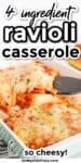 Ravioli casserole being served from a baking dish with text title overlay