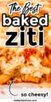 Close up of baked ziti with text title overlay