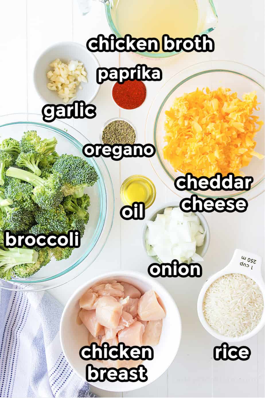 Ingredients for one pot cheesy chicken broccoli and rice recipe