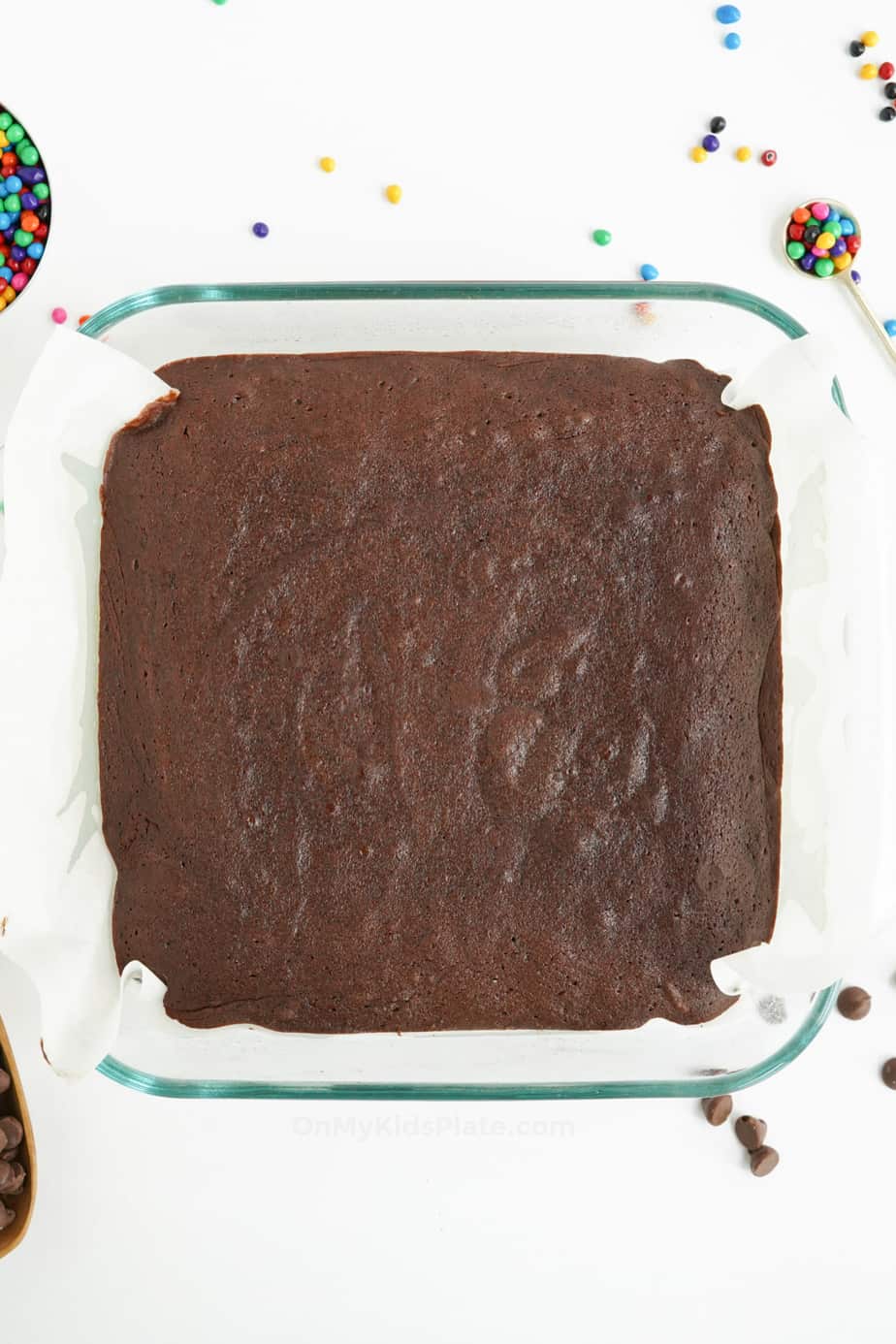 Baked chocolate brownies in a pan from overhead