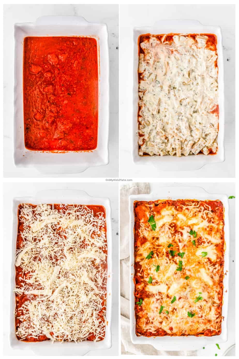 Step by step photos layer tomato sauce, pasta and cheese to make baked ziti.