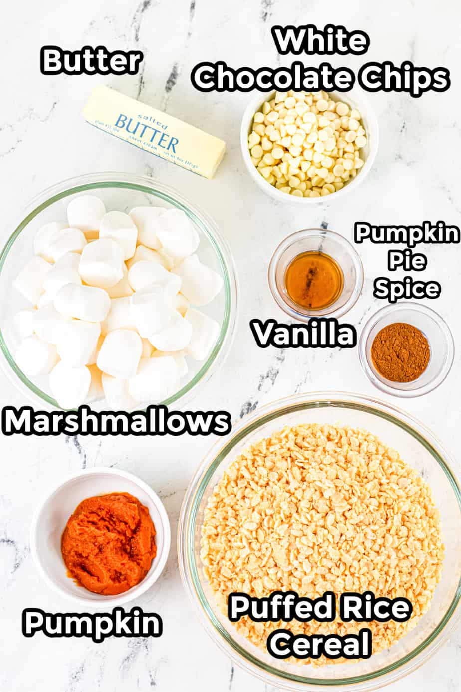 Ingredients for pumpkin spice rice krispie treats