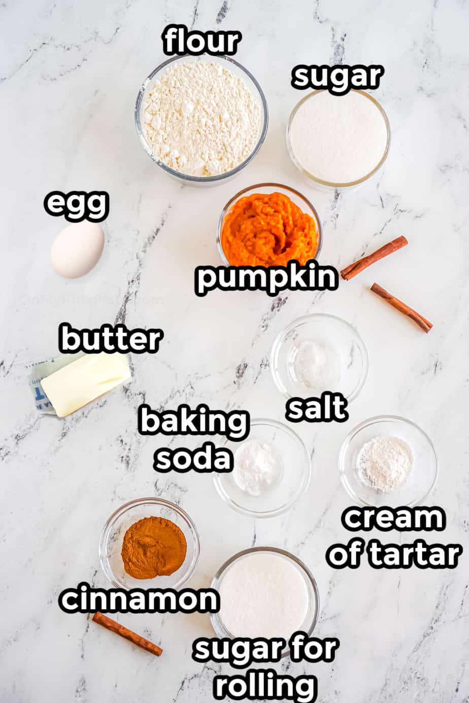 Ingredients for pumpkin snickerdoodle cookies