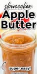Apple butter in a mason jar with text title overlay