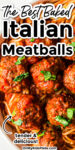 Close up of meatballs in red sauce with title text overlay