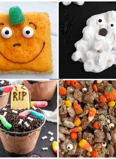 Collage of a pumpkin, ghost, tombstone and party mix no bake Halloween desserts