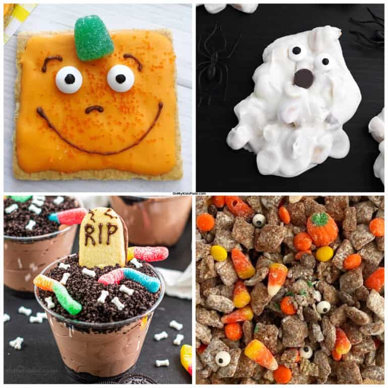 Collage of a pumpkin, ghost, tombstone and party mix no bake Halloween desserts