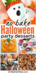 Collage of no bake halloween desserts including ghost strawberries, pumpkin graham cracker, halloween snack mix, tombstone pudding cup and lots of oreos decorated like halloween characters.