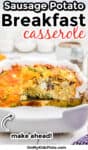 Side view of a slice of breakfast casserole being lifted from the pan with title text overlay.