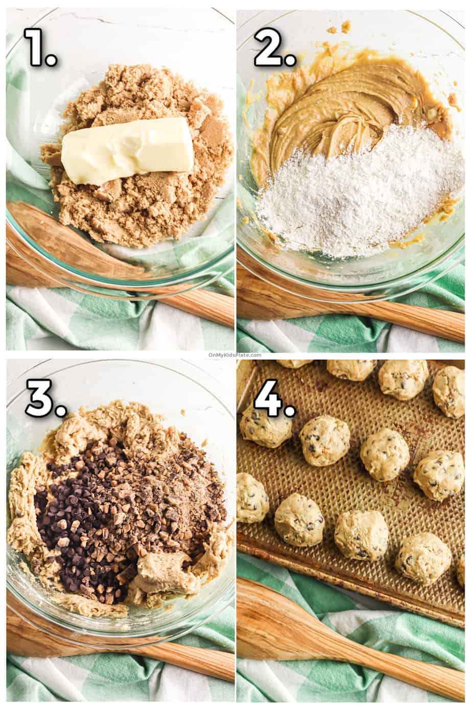 Four step by step images showing how to mix and portion toffee chocolate chip cookie dough