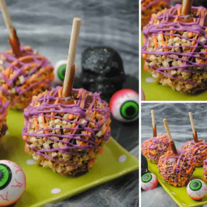 Caramel Apples decorated in Halloween colors