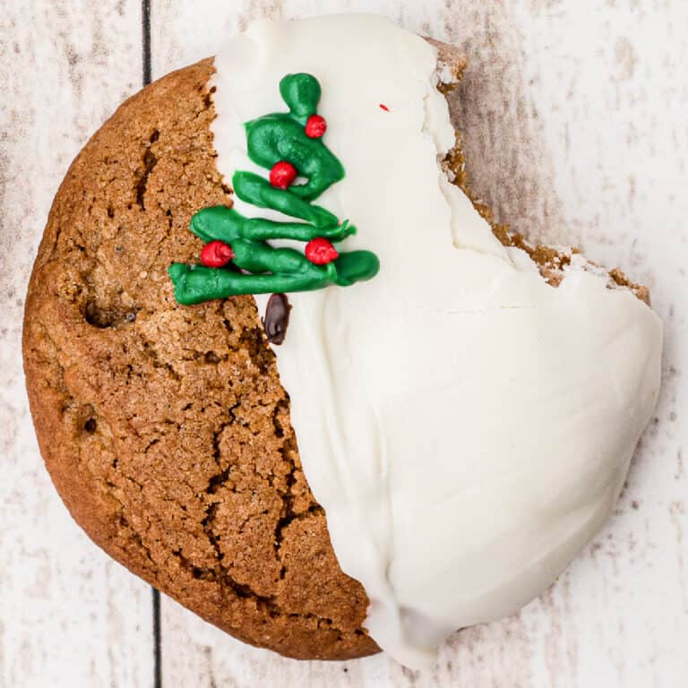 Close up of a molasses cookie dipped in white chocolate and decorated with a chocolate Christmas tree.