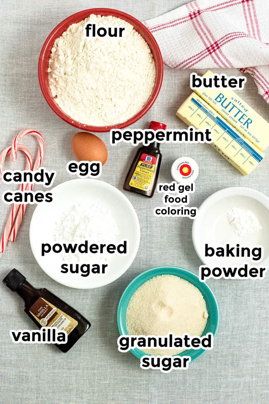 Ingredients for candy cane cookies