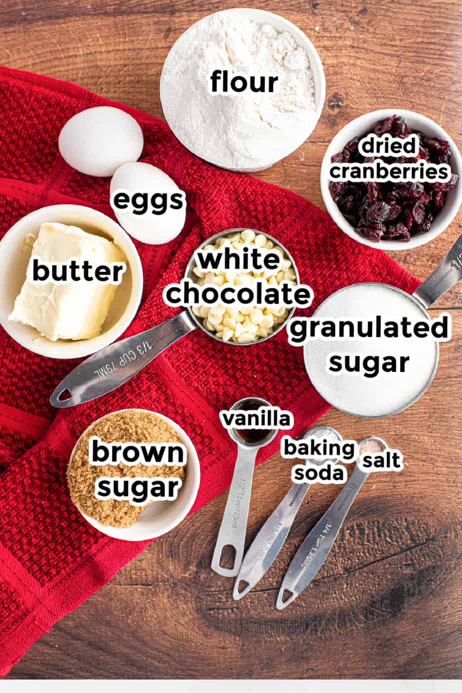 Ingredients for white chocolate chip cranberry cookies