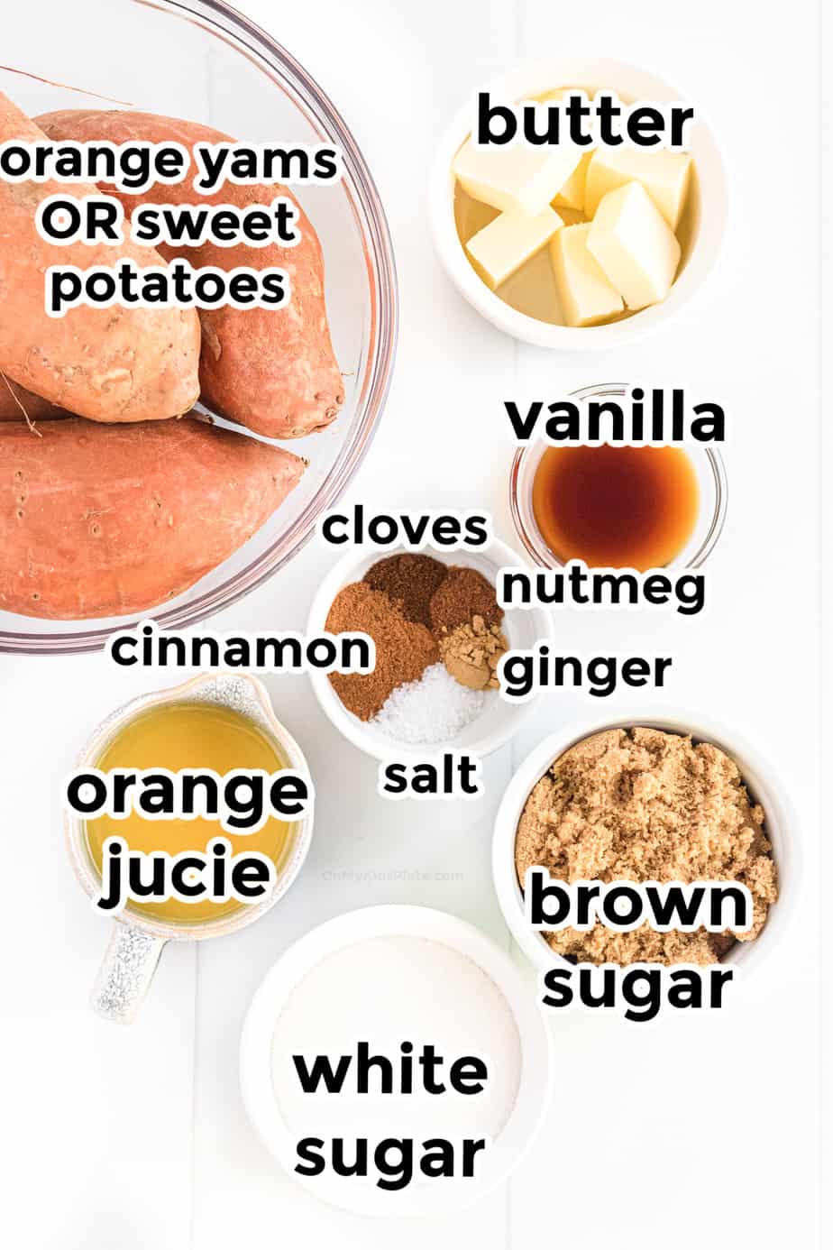 Labeled ingredients for candied yams in bowls labeled from overhead