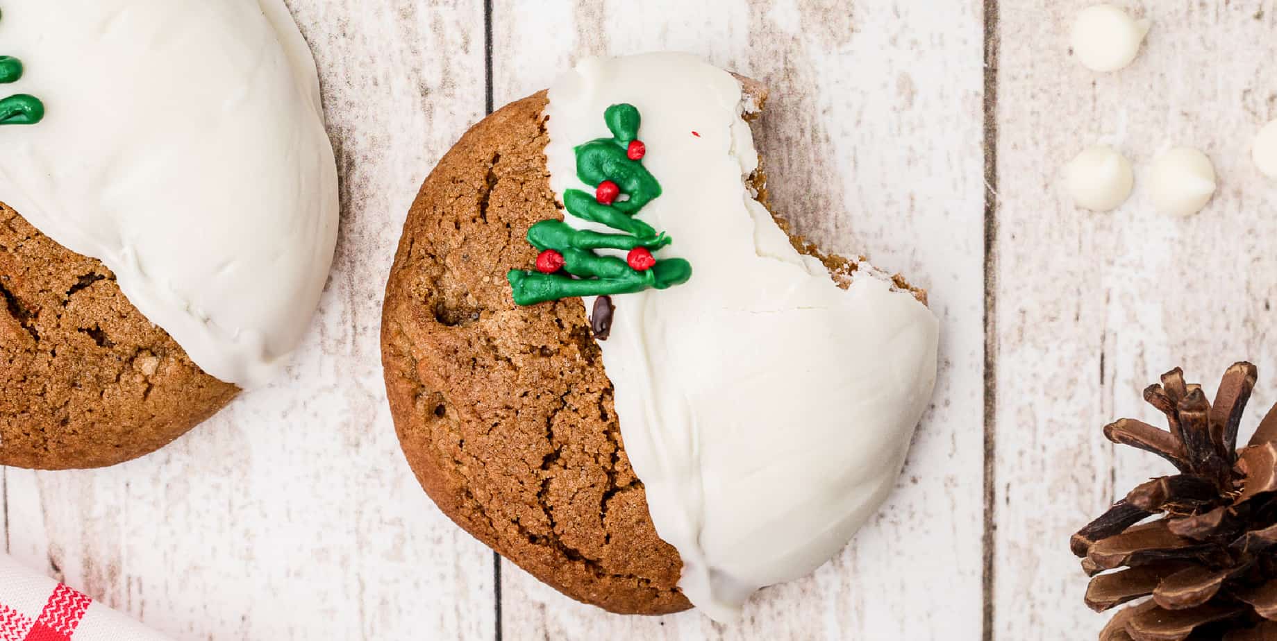 Wide close up of a gingerbread molasses cookie decorated for Christmas with a bite missing