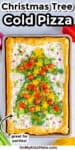 Close up of a cold pizza covered in veggies shaped like a Christmas tree with title text overlay