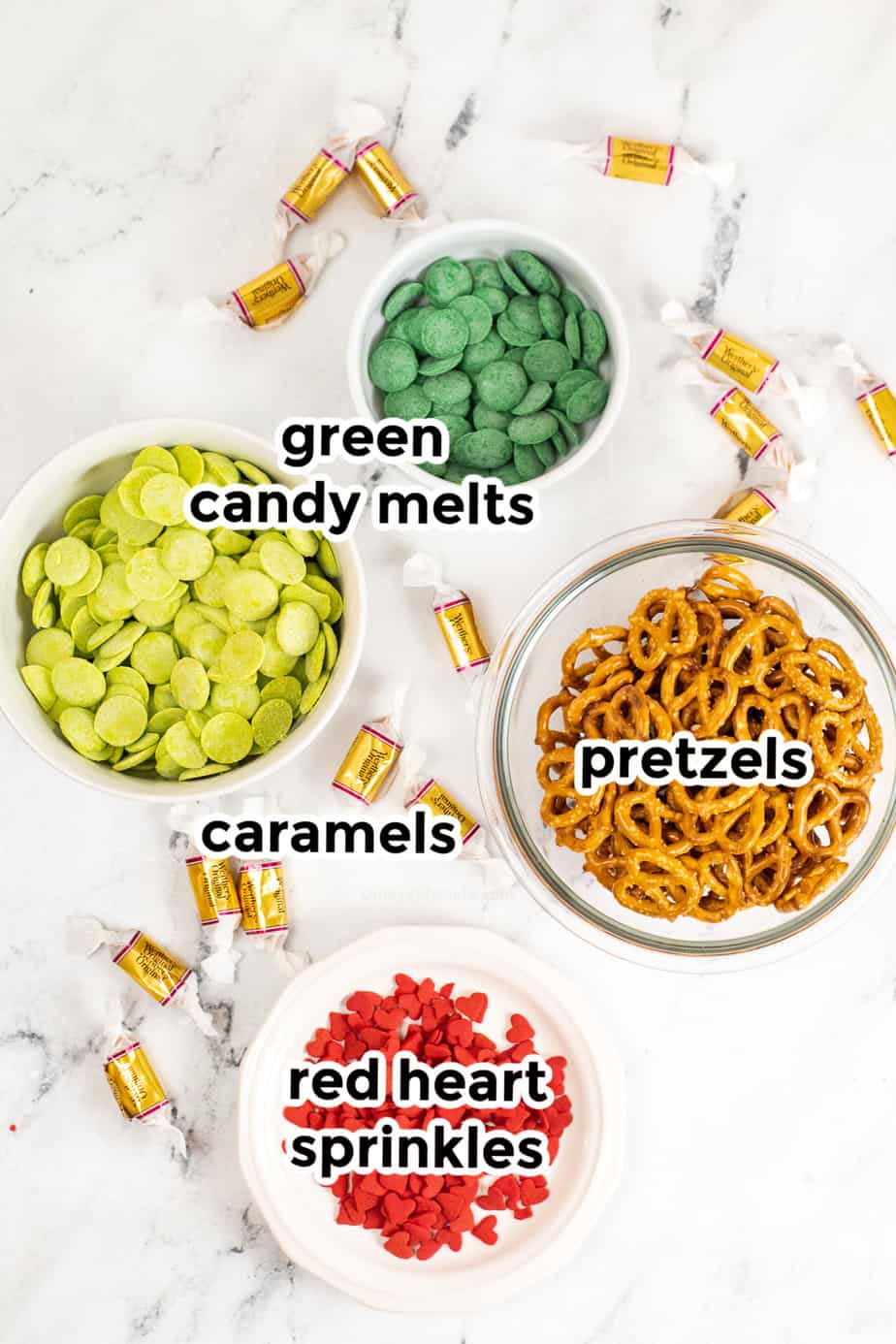 Ingredients for grinch pretzel bites in bowls