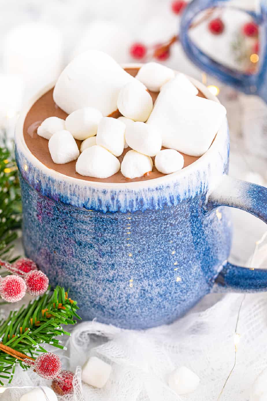 Hot chocolate in a mug close up full of marshmallows