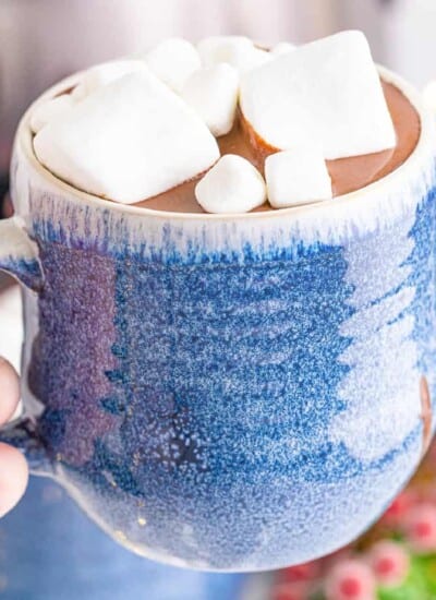 Mug of hot chocolate with marshmallows up close being held by a hand