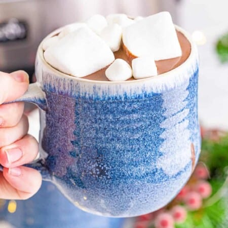 Mug of hot chocolate with marshmallows up close being held by a hand