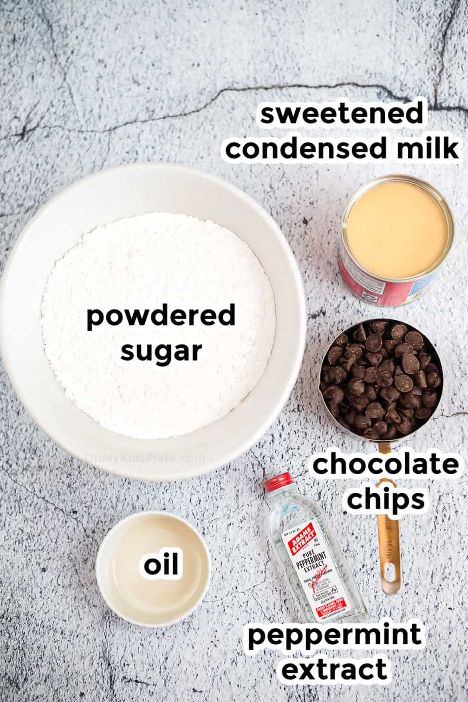 Ingredients for peppermint patties in bowls with labels