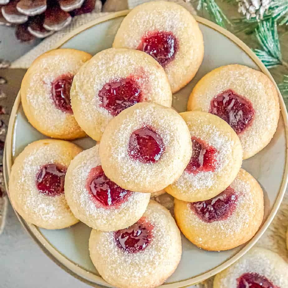 Plate of raspberry almond thumbprint cookies from above