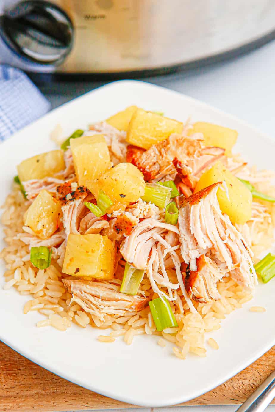 Plate of shredded pork and pineapple over rice up close with a slow cooker in the background