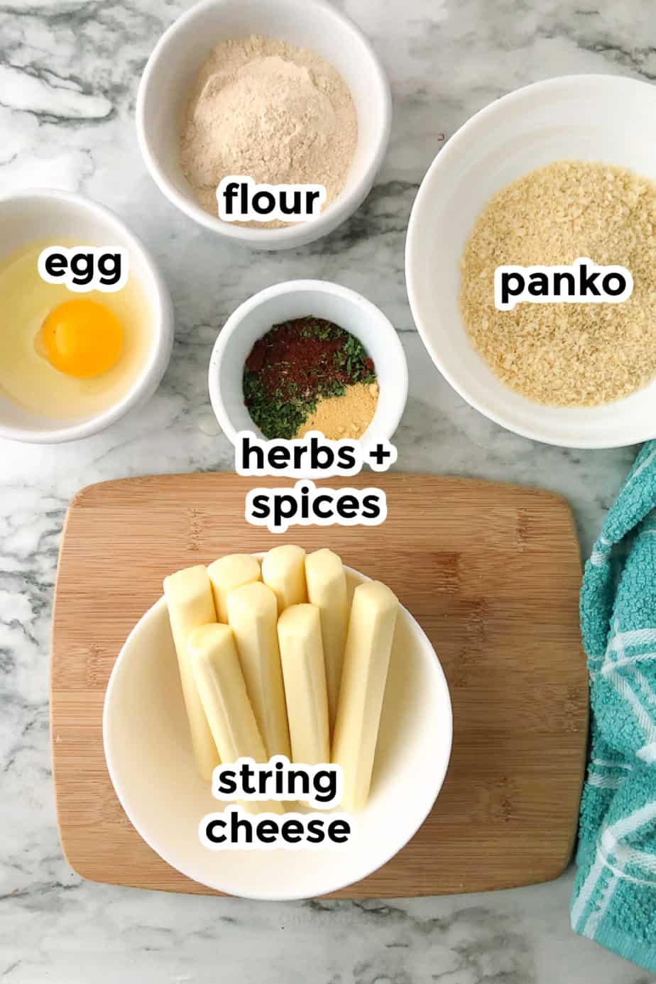 Ingredients for mozzarella sticks in bowls with labels from above.