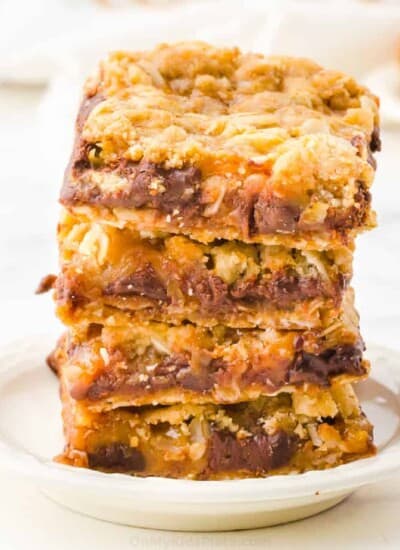 square image stacked caramel chocolate oat bars
