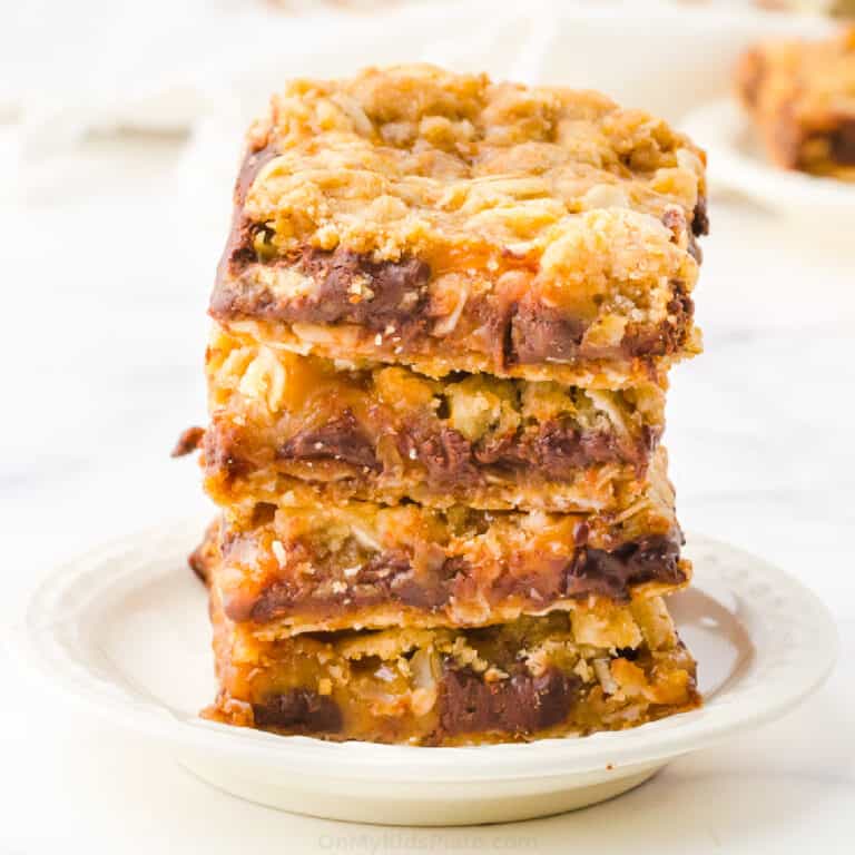 square image stacked caramel chocolate oat bars