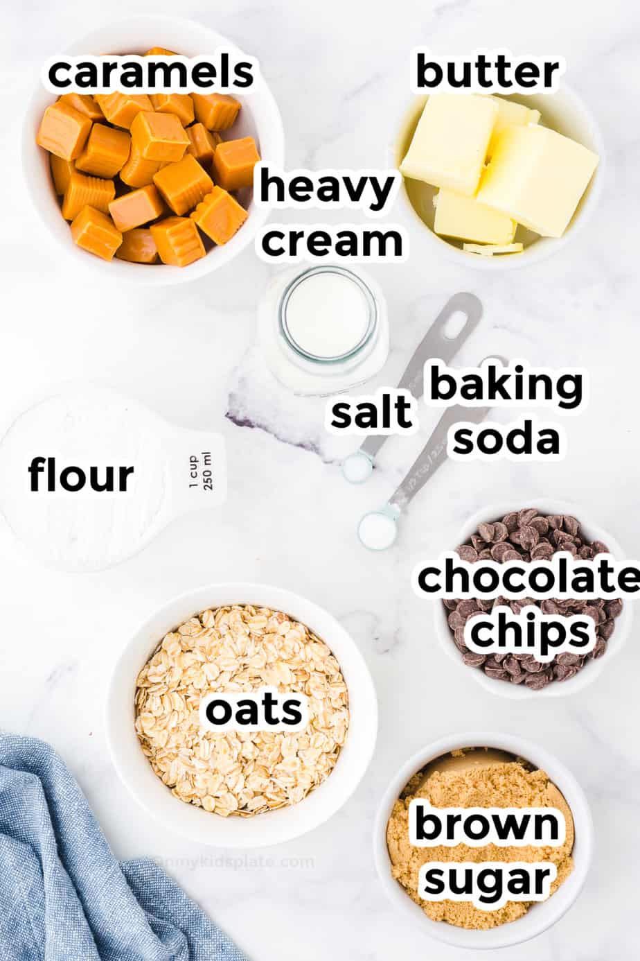 Ingredients for carmelitas in bowls labeled